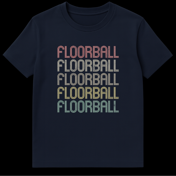 Floorball t-shirt with 'FLOORBALL' text repeated five times in a distressed multi-line retro font. on Navy Blue t-shirt