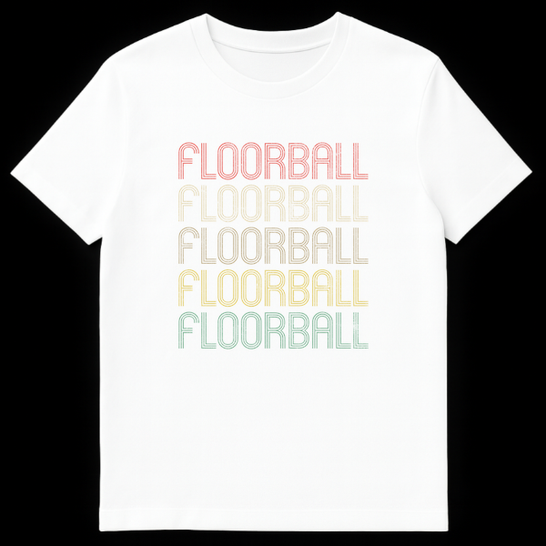 Floorball t-shirt with 'FLOORBALL' text repeated five times in a distressed multi-line retro font. on White t-shirt