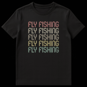 Angler Stacked Fly Fishing Vintage Grunge Unisex T-Shirt with distressed text and retro colors on black background on Black t-shirt