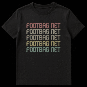 Retro "FOOTBAG NET" text t-shirt in rainbow gradient colors on a black background, vintage style for Footbag Net players. on Black t-shirt