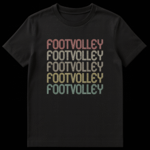 Retro Footvolley t-shirt with repeated word FOOTVOLLEY in distressed, multi-colored outline font on black background on Black t-shirt