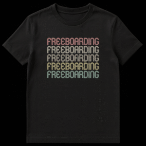 Retro 70s/80s stacked 'FREEBOARDING' text t-shirt with rainbow distressed gradient on black background. on Black t-shirt