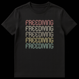 Retro 70s/80s style black t-shirt with 'FREEDIVING' stacked five times in a distressed, multi-lined shadow font, featuring a sunset gradient color palette of pink, beige, gold, green, and teal. on Black t-shirt