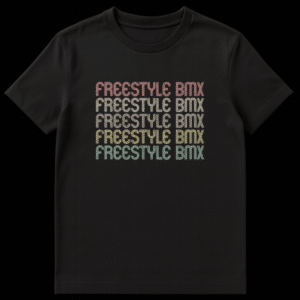 Vintage Freestyle BMX T-Shirt with stacked, distressed retro text in muted coral, olive, gold, mint, and teal colors on a black background. on Black t-shirt