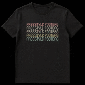 Retro Freestyle Footbag T-Shirt with vintage 70s 80s striped text in pink, khaki, mustard, olive, teal colors on black on Black t-shirt