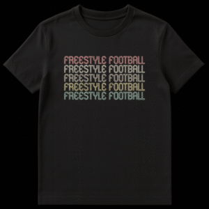 Freestyle Football T-shirt with stacked retro text in a gradient of coral, beige, gold, green, and teal on a black background. on Black t-shirt