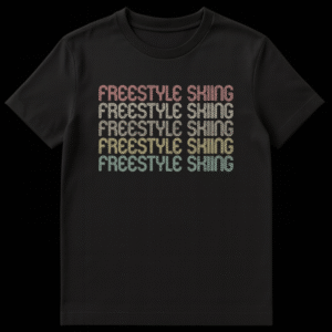 Unisex t-shirt with stacked 'FREESTYLE SKIING' text in retro distressed style on a dark background on Black t-shirt