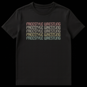Freestyle Wrestling t-shirt with stacked, distressed rainbow text on black background, retro 70s 80s style on Black t-shirt