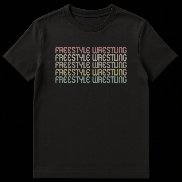 Freestyle Wrestling t-shirt with stacked, distressed rainbow text on black background, retro 70s 80s style on Black t-shirt