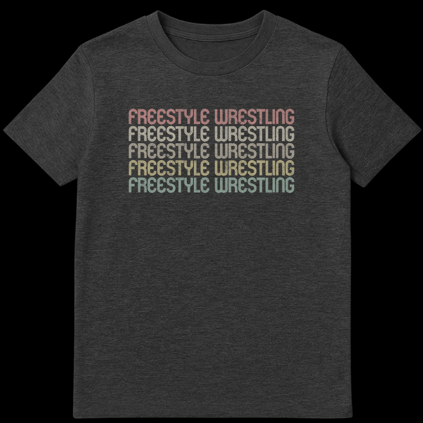 Freestyle Wrestling t-shirt with stacked, distressed rainbow text on black background, retro 70s 80s style on Dark Heather t-shirt