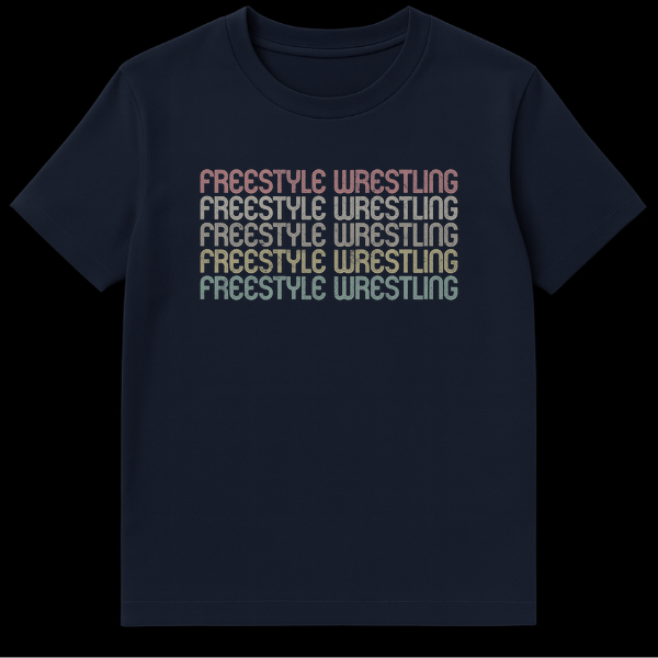 Freestyle Wrestling t-shirt with stacked, distressed rainbow text on black background, retro 70s 80s style on Navy Blue t-shirt