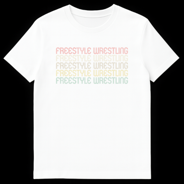 Freestyle Wrestling t-shirt with stacked, distressed rainbow text on black background, retro 70s 80s style on White t-shirt