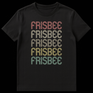 Vintage 'FRISBEE' stacked text t-shirt in retro distressed style with muted colors on black background, perfect for disc sports fans on Black t-shirt
