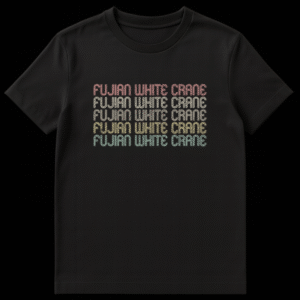 Fujian White Crane Kung Fu T-Shirt with retro 70s/80s striped text in stacked, faded colors on Black t-shirt