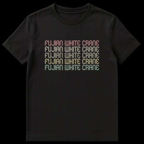 Fujian White Crane Kung Fu T-Shirt with retro 70s/80s striped text in stacked, faded colors on Black t-shirt