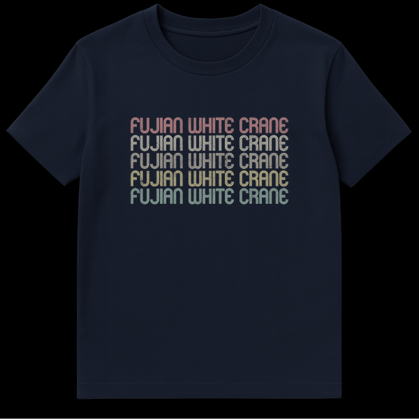 Fujian White Crane Kung Fu T-Shirt with retro 70s/80s striped text in stacked, faded colors on Navy Blue t-shirt