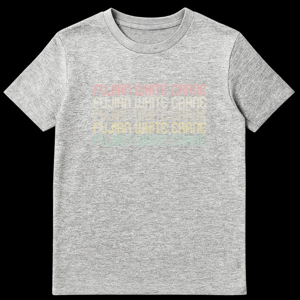Fujian White Crane Kung Fu T-Shirt with retro 70s/80s striped text in stacked, faded colors on Sports Grey t-shirt