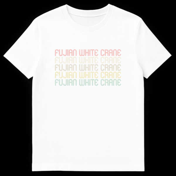 Fujian White Crane Kung Fu T-Shirt with retro 70s/80s striped text in stacked, faded colors on White t-shirt
