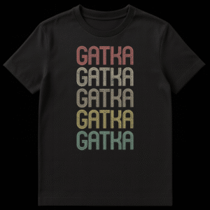 Gatka martial art t-shirt with repeating distressed text in retro sunset colors on Black t-shirt