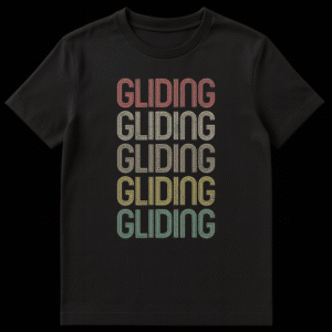 Vintage Gliding T-Shirt with stacked 'GLIDING' text in retro 70s/80s style and distressed texture. on Black t-shirt
