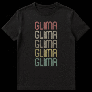 Retro Glima Stacked Name T-Shirt with vintage multi-color text on a black background on Black t-shirt