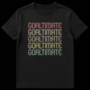 GOALTIMATE Ultimate Frisbee T-Shirt with retro 70s/80s distressed typography in vintage gradient colors on a black background on Black t-shirt