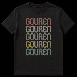 Gouren Name T-Shirt with retro 70s/80s multi-color typography and distressed texture on a black background on Black t-shirt