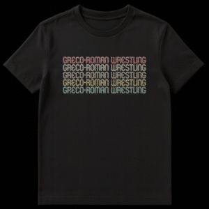 Greco-Roman Wrestling repeated text design t-shirt with retro 70s-80s vintage style typography and distressed look on a black background on Black t-shirt