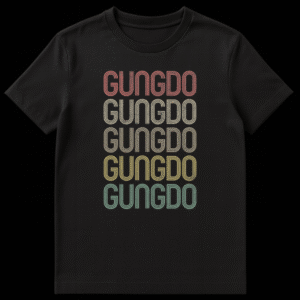 Black t-shirt with GUNGDO text stacked five times in a retro, faded style. Colors shift from muted pink to teal, all distressed. on Black t-shirt