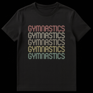 Retro Vintage Gymnastics t-shirt with stacked 'GYMNASTICS' text in gradient muted colors against a black background on Black t-shirt