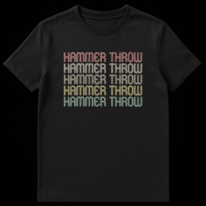 Retro style 'HAMMER THROW' black t-shirt with repeated text in a distressed vintage font and gradient muted colors for track and field athletes. on Black t-shirt