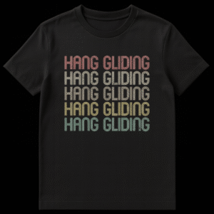 Retro Hang Gliding t-shirt with stacked, distressed text in a gradient of coral, beige, gold, and teal on black on Black t-shirt