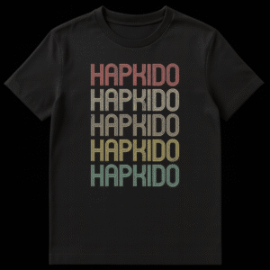 Retro Hapkido martial arts t-shirt with repeating distressed text in sunset colors on a black background. on Black t-shirt
