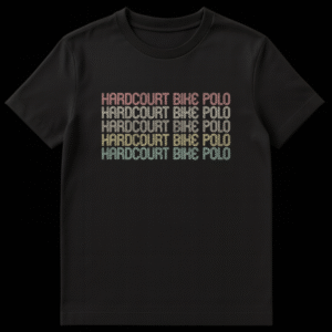 Hardcourt Bike Polo T-Shirt with retro, multi-color text in a stacked design on a black background on Black t-shirt