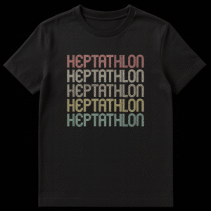 Vintage distressed 'HEPTATHLON' stacked text t-shirt with a retro gradient color palette on a black background, celebrating multi-event track & field. on Black t-shirt