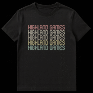 Retro distressed Highland Games t-shirt with stacked vintage text in multiple colors on a black background, celebrating Scottish culture and heritage. on Black t-shirt