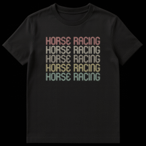 Black t-shirt with repeated 'HORSE RACING' text in faded coral, beige, gold, and teal colors. on Black t-shirt