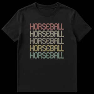 Vintage retro style t-shirt with HORSEBALL text repeated five times in multi-line distressed font in earth tones on black background on Black t-shirt