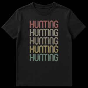 Vintage Hunting T-Shirt with 70s-80s style repeated 'HUNTING' text in faded earthy colors on black background. on Black t-shirt