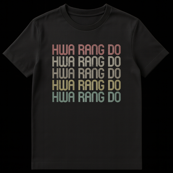 Vintage Hwa Rang Do Korean Martial Arts T-Shirt with distressed retro typography in muted colors on black background on Black t-shirt