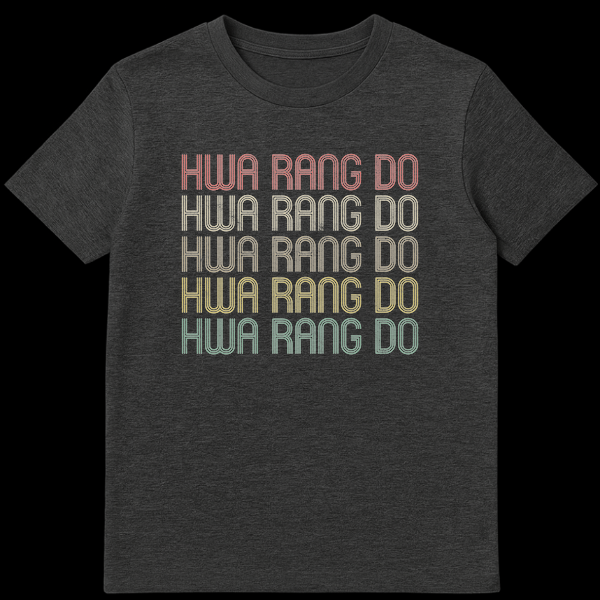 Vintage Hwa Rang Do Korean Martial Arts T-Shirt with distressed retro typography in muted colors on black background on Dark Heather t-shirt