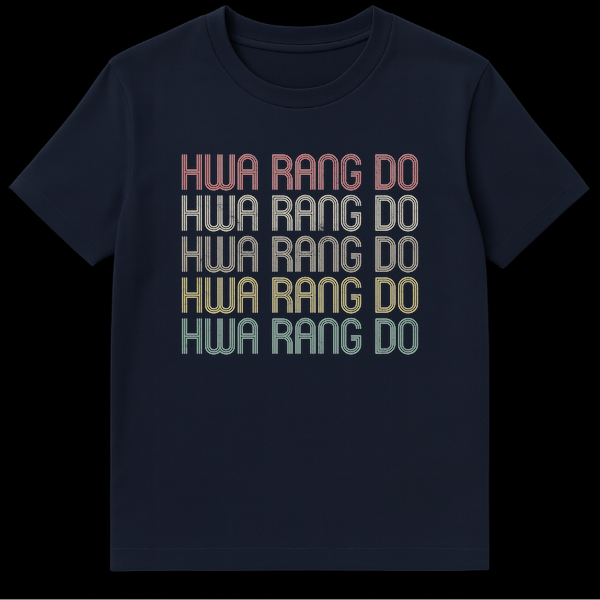 Vintage Hwa Rang Do Korean Martial Arts T-Shirt with distressed retro typography in muted colors on black background on Navy Blue t-shirt