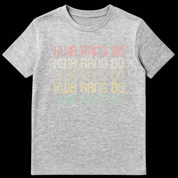 Vintage Hwa Rang Do Korean Martial Arts T-Shirt with distressed retro typography in muted colors on black background on Sports Grey t-shirt