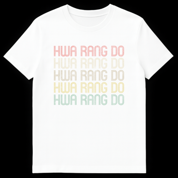 Vintage Hwa Rang Do Korean Martial Arts T-Shirt with distressed retro typography in muted colors on black background on White t-shirt