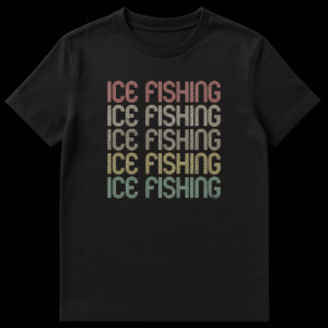 Retro striped ICE FISHING t-shirt with distressed earthy gradient text on a black background on Black t-shirt