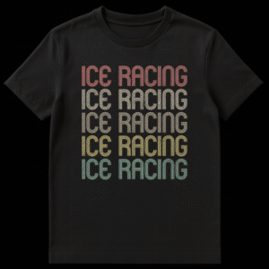 Black t-shirt with vertically stacked 'ICE RACING' text in retro distressed multi-color font, referencing Ice Ice Baby on Black t-shirt