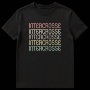 Vintage Intercrosse t-shirt with INTERCROSSE repeated five times in colorful, distressed retro text on a black background. on Black t-shirt
