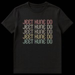 Jeet Kune Do T-Shirt with retro rainbow text on black background, Bruce Lee martial arts shirt on Black t-shirt