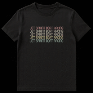 Retro gradient text t-shirt with JET SPRINT BOAT RACING repeated five times, distressed style on black fabric on Black t-shirt