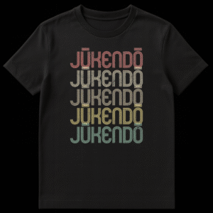 Vintage Jukendo t-shirt with repeated retro typography in muted gradient colors against a black background. on Black t-shirt
